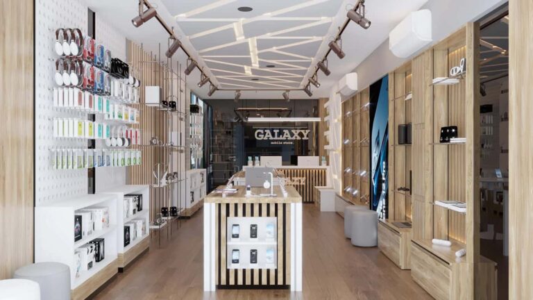 Warm Wood-Tone Mobile Store Fit-out | Custom Slat Wall Displays & LED Logo Reception Counter