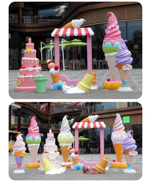 Fiberglass ice‑cream theme sculpture set with candy‑colored photo booth frame, outdoor mall commercial decorative statues Lexio Display for retail photo‑op marketing installation