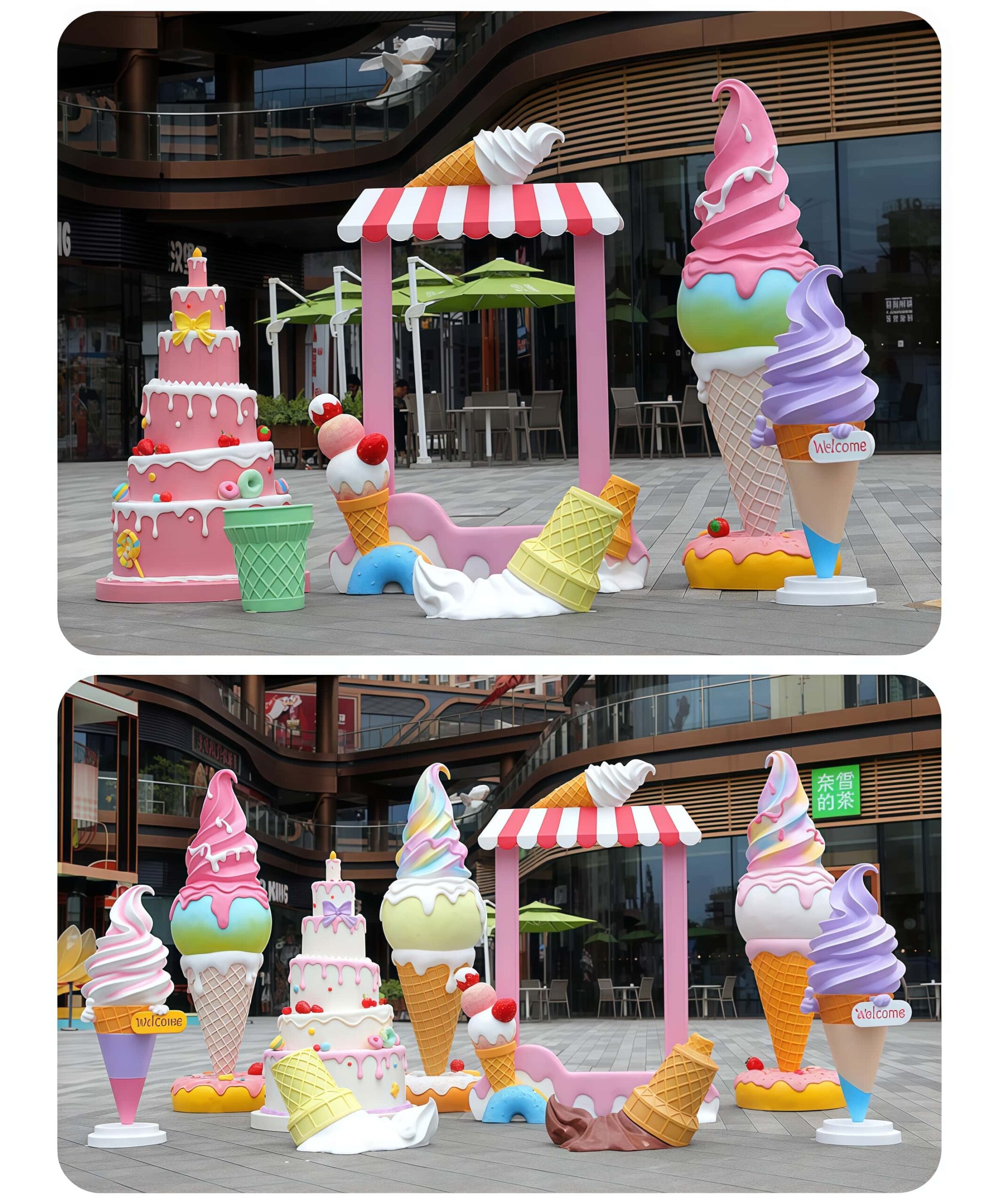 Fiberglass ice‑cream theme sculpture set with candy‑colored photo booth frame, outdoor mall commercial decorative statues Lexio Display for retail photo‑op marketing installation