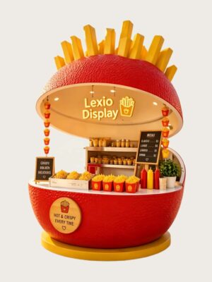 Giant french‑fries themed fiberglass snack kiosk, open dome food retail booth with LED branding Lexio Display for mall and amusement park