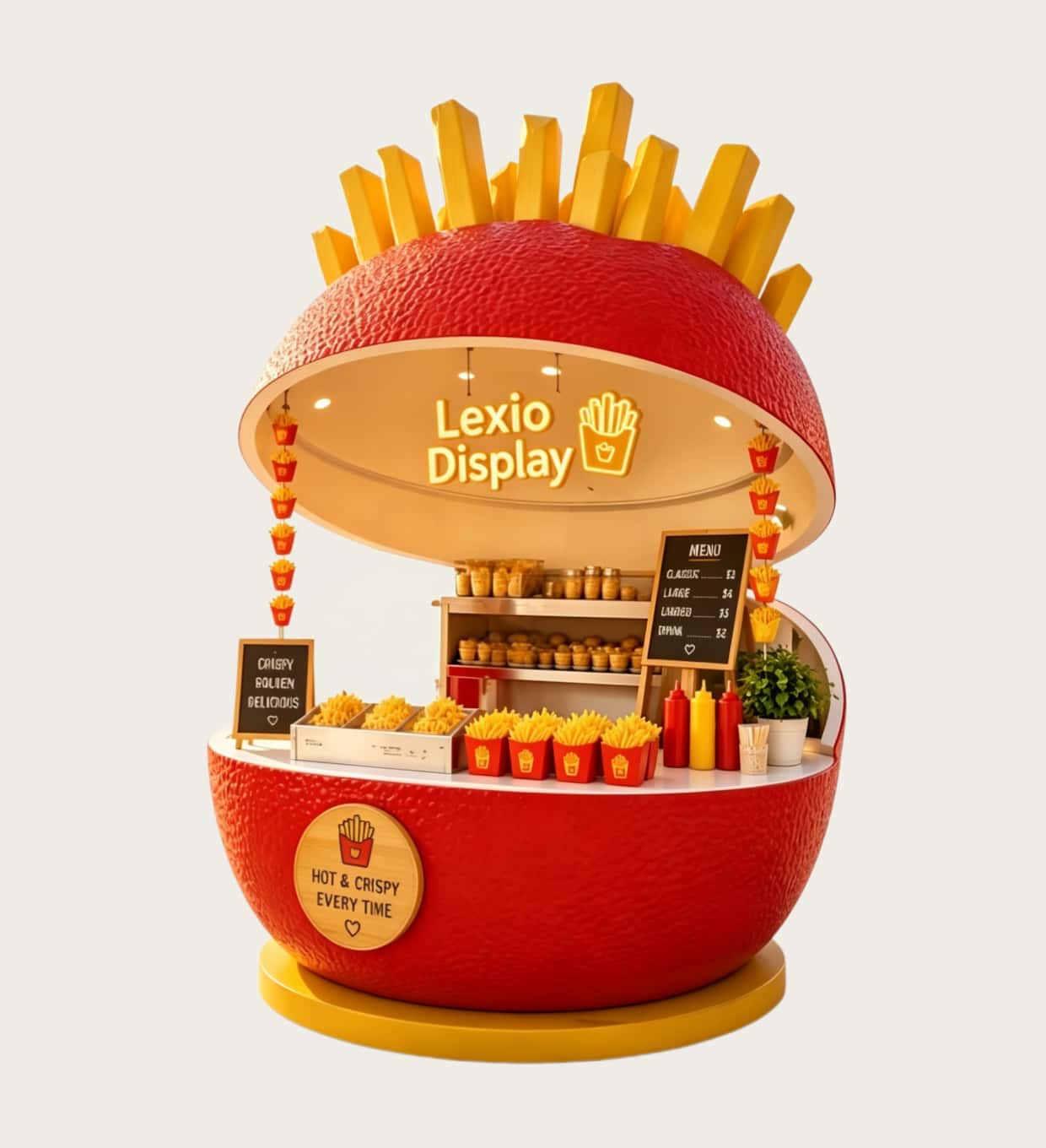 Giant french‑fries themed fiberglass snack kiosk, open dome food retail booth with LED branding Lexio Display for mall and amusement park