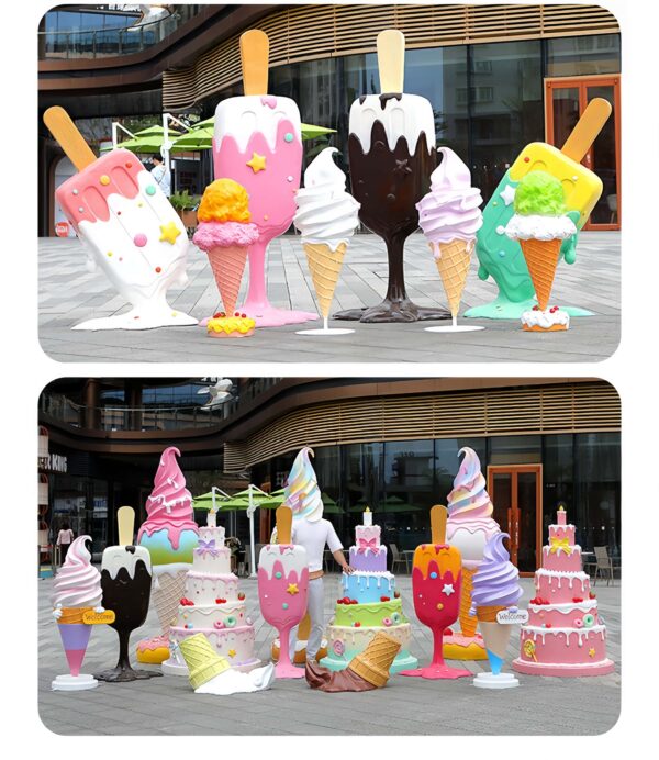 Large fiberglass ice cream popsicle cake sculpture set outdoor shopping mall candy theme decorative statues Lexio Display for commercial plaza summer event