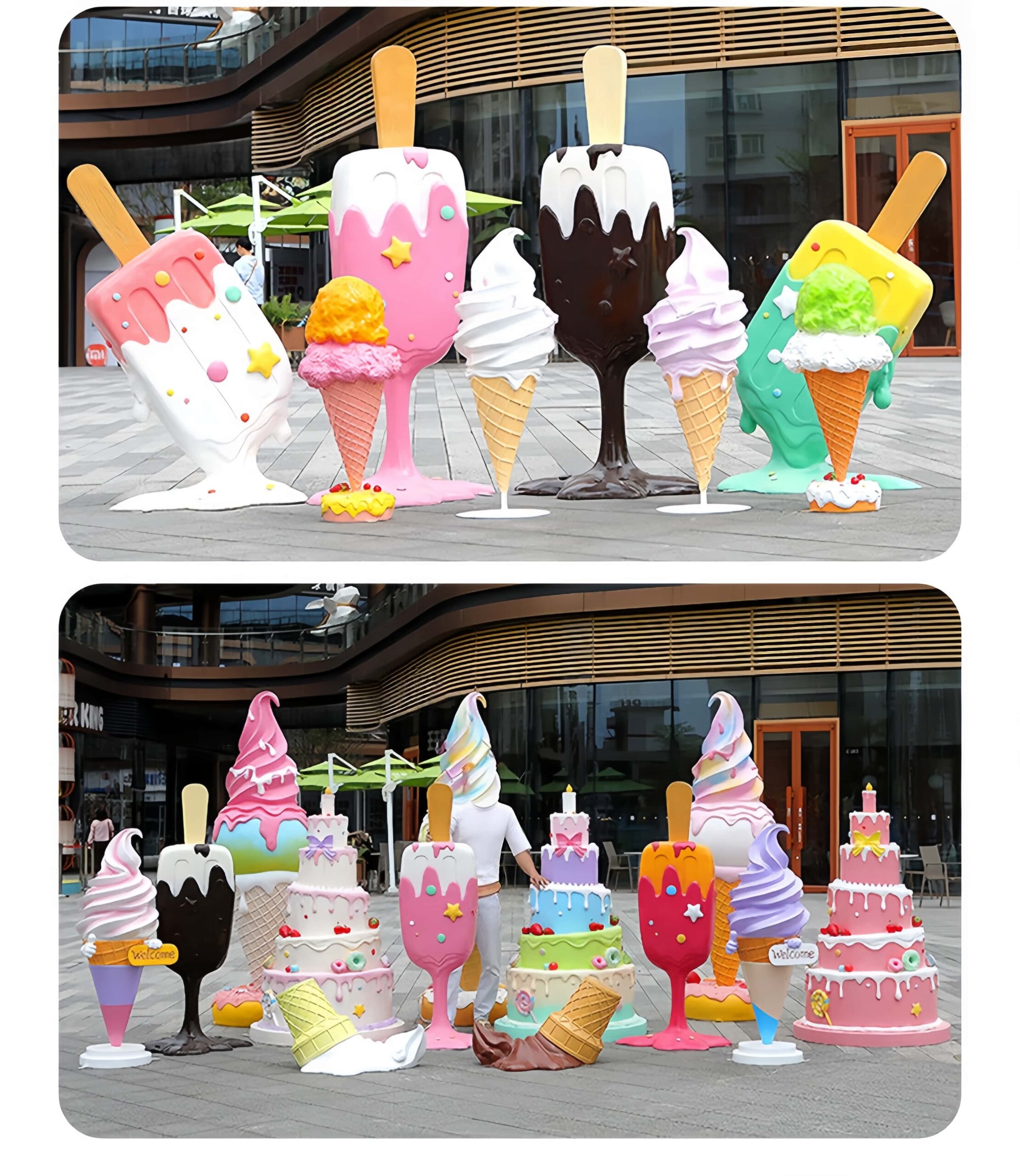 Large fiberglass ice cream popsicle cake sculpture set outdoor shopping mall candy theme decorative statues Lexio Display for commercial plaza summer event