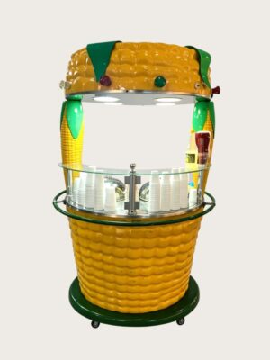 Giant corn‑cob shaped fiberglass mobile food vending cart, open‑top corn themed kiosk with glass counter, LED lights and wheels Lexio Display for fairgrounds and amusement park