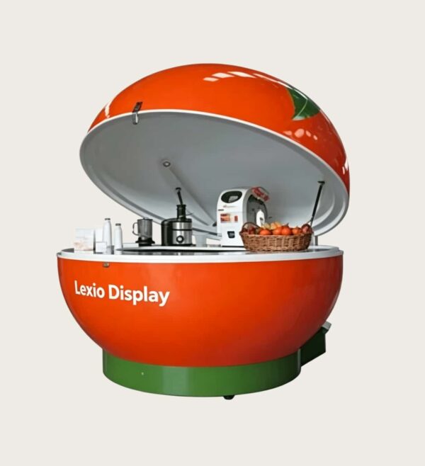 Giant orange‑shaped fiberglass mobile juice vending cart with hydraulic lifting dome lid and leaf sculpture, fruit themed kiosk with wheels Lexio Display