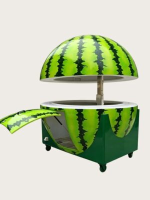 Giant watermelon shape fiberglass mobile serving cart with lifting dome top and wheels, tropical summer themed vending kiosk Lexio Display for beach park mall