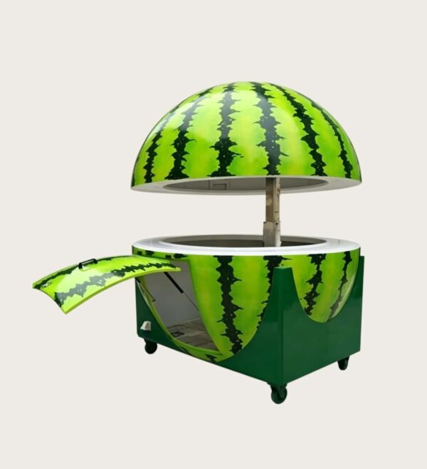 Giant watermelon shape fiberglass mobile serving cart with lifting dome top and wheels, tropical summer themed vending kiosk Lexio Display for beach park mall
