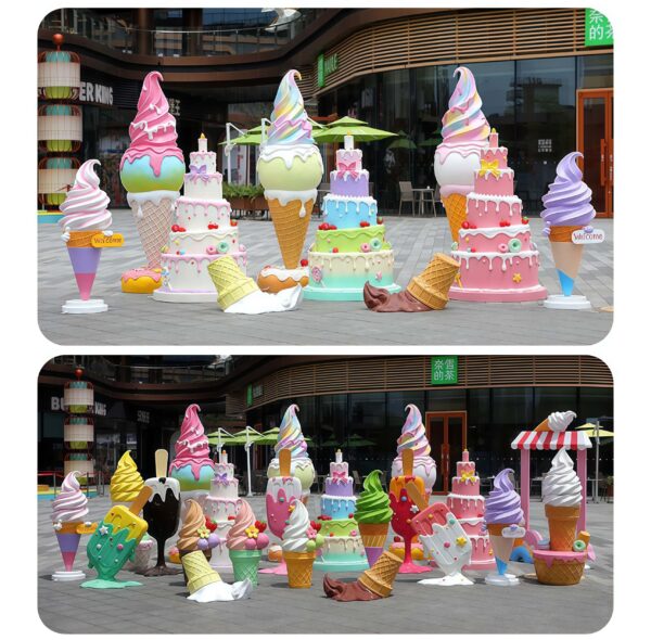 Colorful fiberglass ice‑cream candy cake sculpture set, outdoor shopping mall commercial decorative statues Lexio Display for retail event & holiday decor