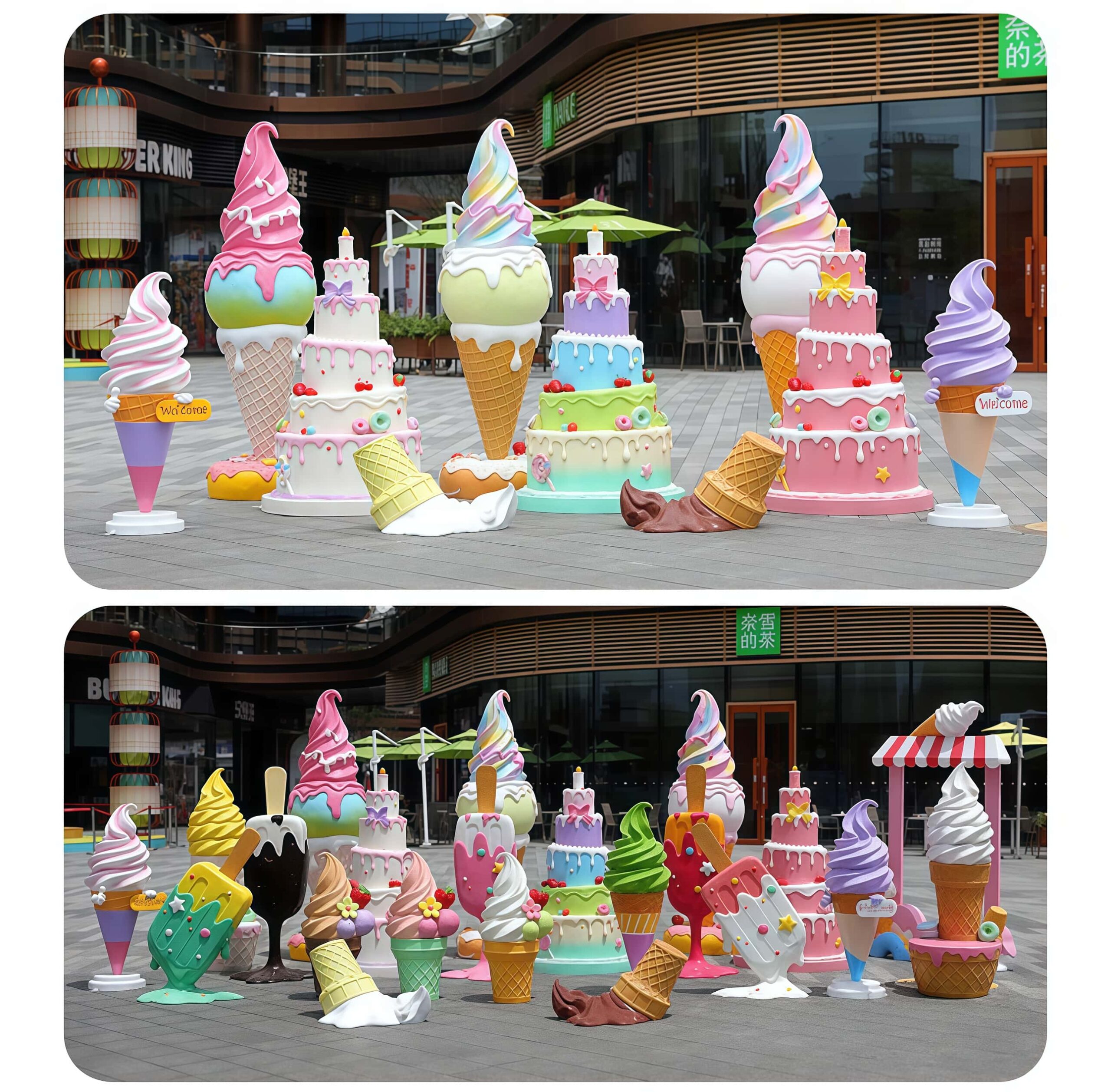 Colorful fiberglass ice‑cream candy cake sculpture set, outdoor shopping mall commercial decorative statues Lexio Display for retail event & holiday decor