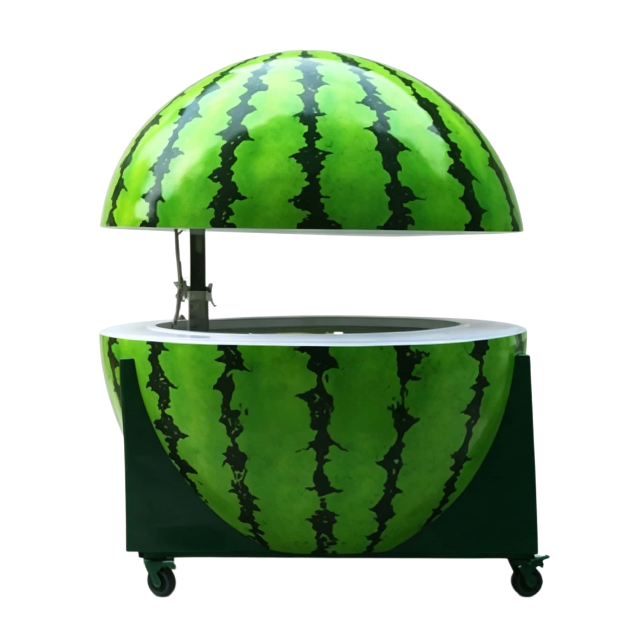 Giant watermelon shape fiberglass mobile serving cart with lifting dome top and wheels, tropical summer themed vending kiosk Lexio Display for beach park mall