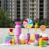 Bright colorful fiberglass candy lollipop cupcake sculpture set Lexio Display, outdoor sweet‑theme decorative statues for shopping mall plaza retail event decoration
