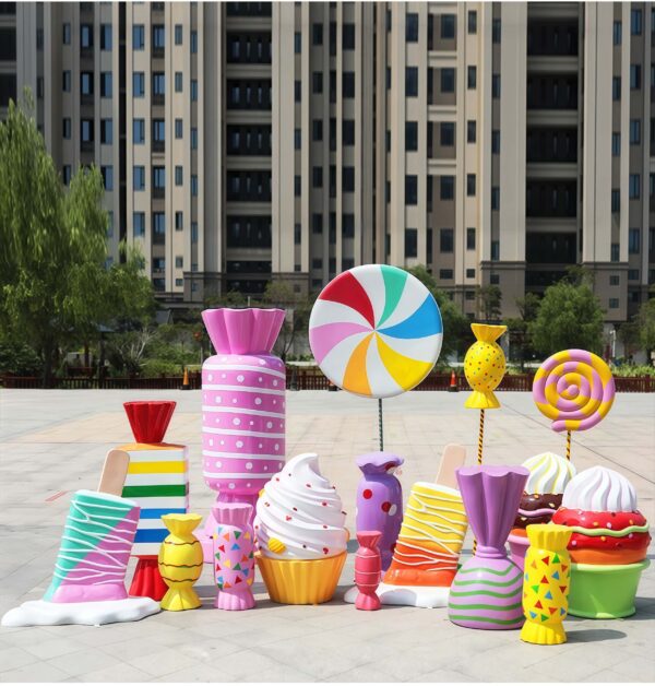 Bright colorful fiberglass candy lollipop cupcake sculpture set Lexio Display, outdoor sweet‑theme decorative statues for shopping mall plaza retail event decoration