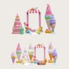 Fiberglass ice‑cream theme sculpture set with candy‑colored photo booth frame, outdoor mall commercial decorative statues Lexio Display for retail photo‑op marketing installation