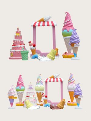 Fiberglass ice‑cream theme sculpture set with candy‑colored photo booth frame, outdoor mall commercial decorative statues Lexio Display for retail photo‑op marketing installation