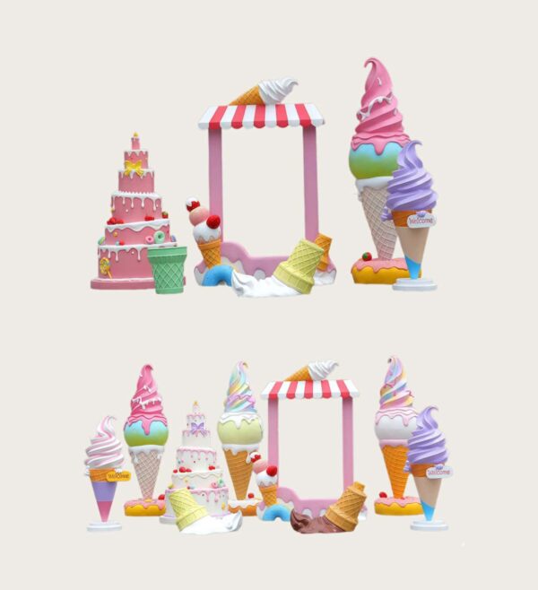 Fiberglass ice‑cream theme sculpture set with candy‑colored photo booth frame, outdoor mall commercial decorative statues Lexio Display for retail photo‑op marketing installation