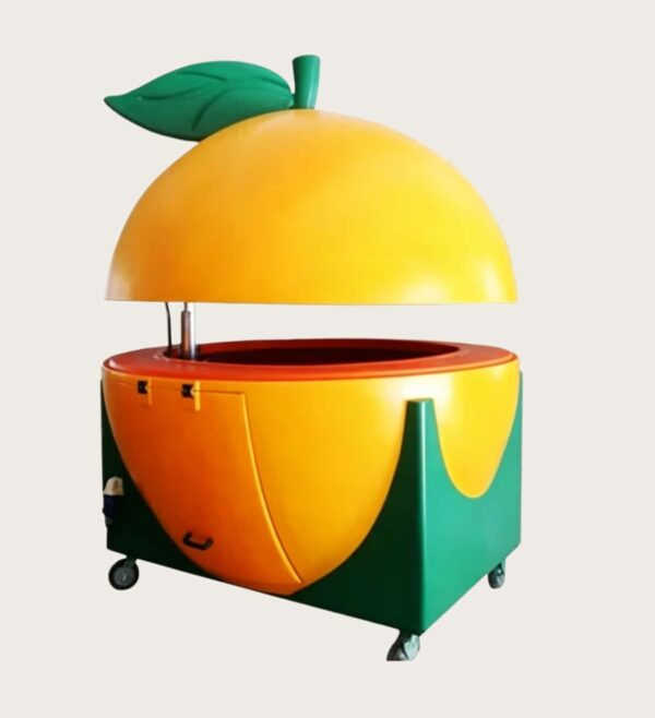 Giant orange‑shaped fiberglass mobile juice vending cart with hydraulic lifting dome lid and leaf sculpture, fruit themed kiosk with wheels Lexio Display
