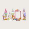 Pastel macaron fiberglass ice cream cone and cake sculpture set with striped awning photo frame Lexio Display for outdoor shopping mall candy theme decoration