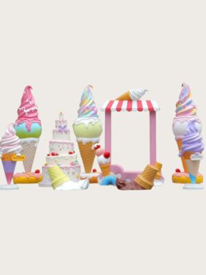 Pastel macaron fiberglass ice cream cone and cake sculpture set with striped awning photo frame Lexio Display for outdoor shopping mall candy theme decoration