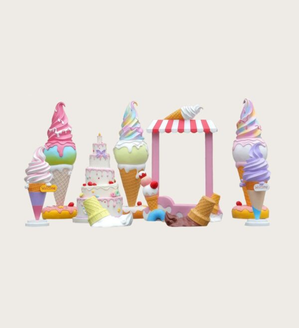 Pastel macaron fiberglass ice cream cone and cake sculpture set with striped awning photo frame Lexio Display for outdoor shopping mall candy theme decoration