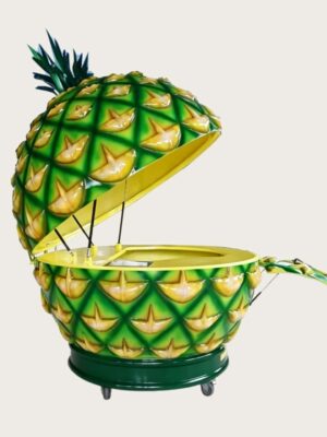 Giant pineapple shape fiberglass mobile serving cart with hydraulic lift lid and wheels, tropical themed vending kiosk Lexio Display for mall beach resort beverage cart