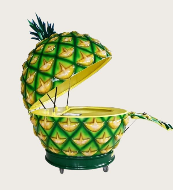 fiberglass display (17) Giant pineapple shape fiberglass mobile serving cart with hydraulic lift lid and wheels, tropical themed vending kiosk Lexio Display for mall beach resort beverage cart