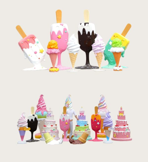 Large fiberglass ice cream popsicle cake sculpture set outdoor shopping mall candy theme decorative statues Lexio Display for commercial plaza summer event