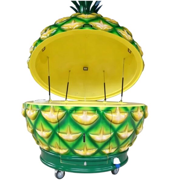 fiberglass display (18) Giant pineapple shape fiberglass mobile serving cart with hydraulic lift lid and wheels, tropical themed vending kiosk Lexio Display for mall beach resort beverage cart