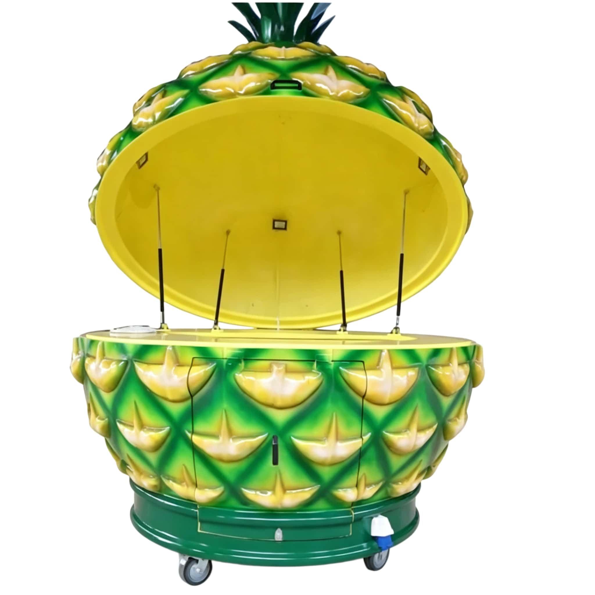 Giant pineapple shape fiberglass mobile serving cart with hydraulic lift lid and wheels, tropical themed vending kiosk Lexio Display for mall beach resort beverage cart