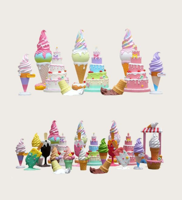 Colorful fiberglass ice‑cream candy cake sculpture set, outdoor shopping mall commercial decorative statues Lexio Display for retail event & holiday decor