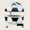 Giant soccer‑ball shaped fiberglass mobile food vending cart, electric vertical lifting dome top, sports themed kiosk on wheels Lexio Display for stadium and sports events