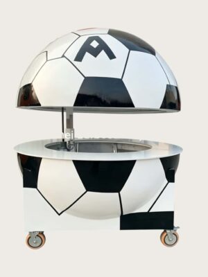 Giant soccer‑ball shaped fiberglass mobile food vending cart, electric vertical lifting dome top, sports themed kiosk on wheels Lexio Display for stadium and sports events