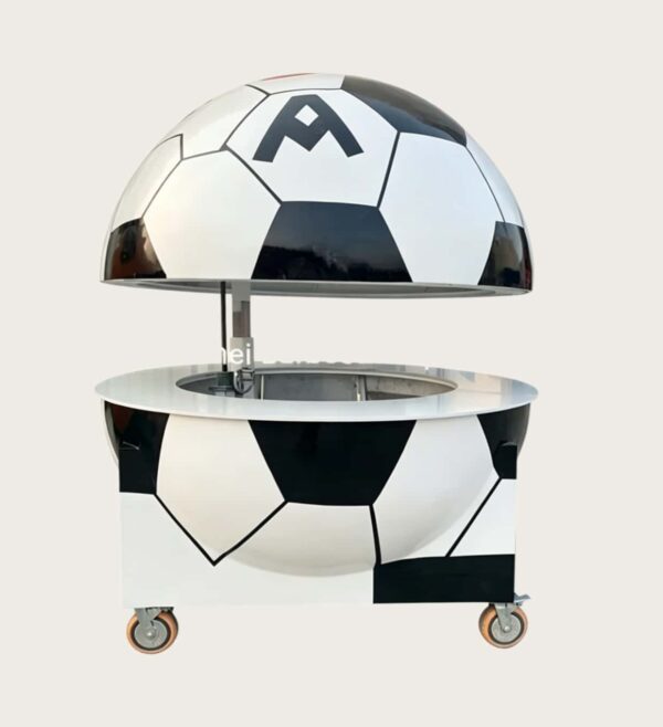 Giant soccer‑ball shaped fiberglass mobile food vending cart, electric vertical lifting dome top, sports themed kiosk on wheels Lexio Display for stadium and sports events