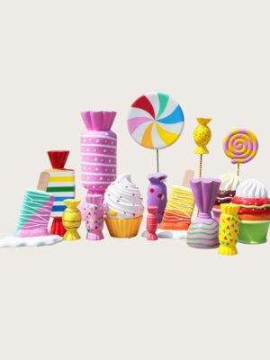 Bright colorful fiberglass candy lollipop cupcake sculpture set Lexio Display, outdoor sweet‑theme decorative statues for shopping mall plaza retail event decoration