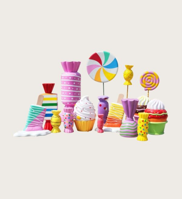 Bright colorful fiberglass candy lollipop cupcake sculpture set Lexio Display, outdoor sweet‑theme decorative statues for shopping mall plaza retail event decoration