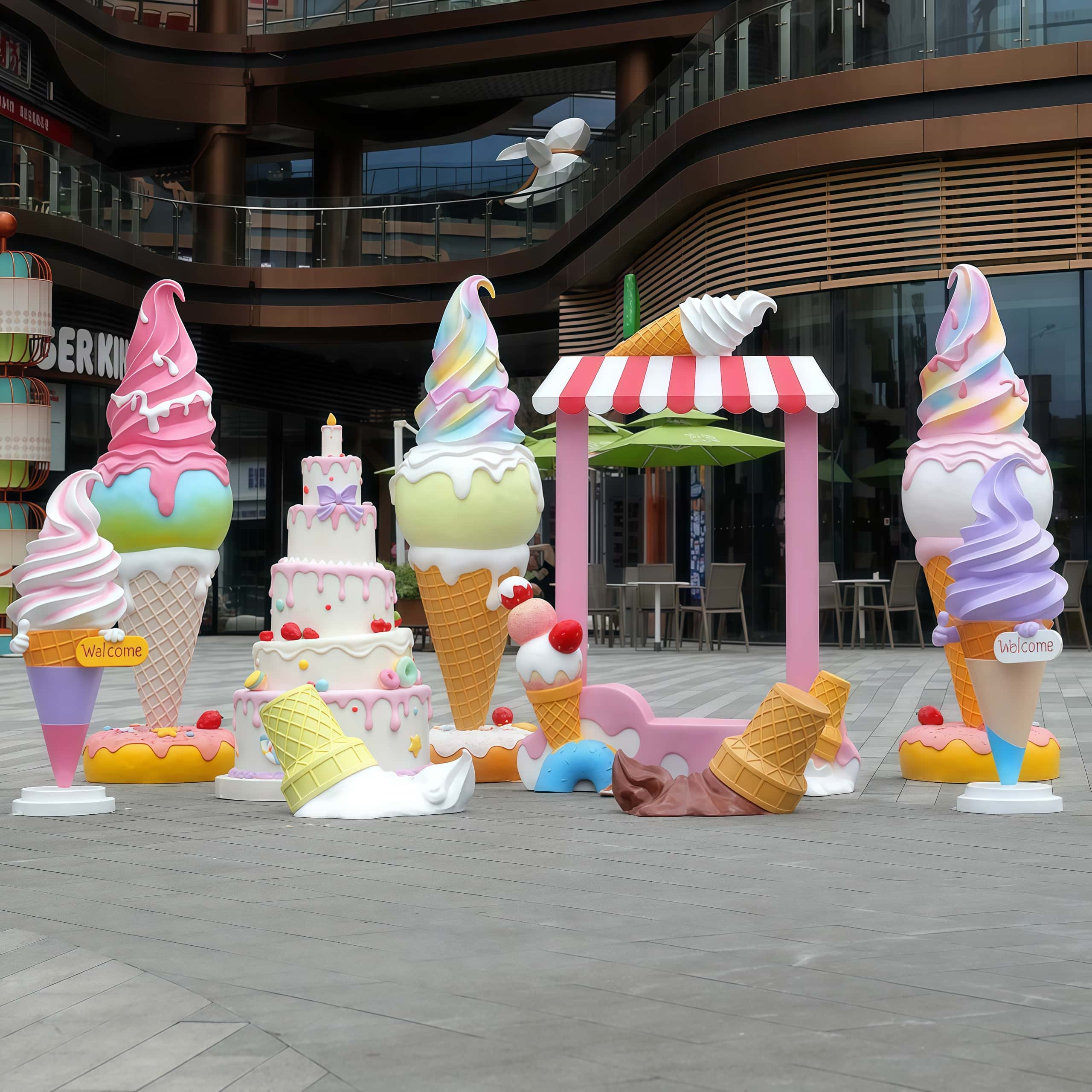 Pastel macaron fiberglass ice cream cone and cake sculpture set with striped awning photo frame Lexio Display for outdoor shopping mall candy theme decoration