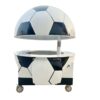 Giant soccer‑ball shaped fiberglass mobile food vending cart, electric vertical lifting dome top, sports themed kiosk on wheels Lexio Display for stadium and sports events
