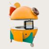 Giant burger‑shaped fiberglass mobile food vending cart, hydraulic lift dome top with donut and drink decorative sculptures, amusement park themed snack kiosk Lexio Display