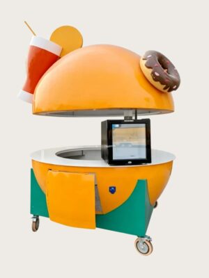 fiberglass display (21) Giant burger‑shaped fiberglass mobile food vending cart, hydraulic lift dome top with donut and drink decorative sculptures, amusement park themed snack kiosk Lexio Display