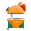 Giant burger‑shaped fiberglass mobile food vending cart, hydraulic lift dome top with donut and drink decorative sculptures, amusement park themed snack kiosk Lexio Display