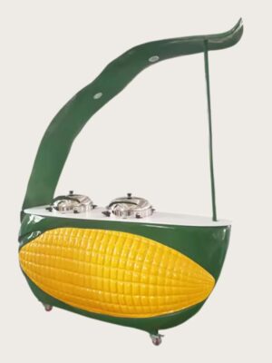 Giant corn‑cob fiberglass mobile food cart with large curved corn‑husk shade canopy, corn themed concession cart Lexio Display for fair and amusement park