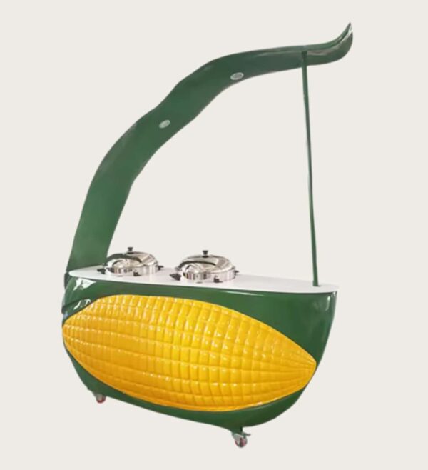 Giant corn‑cob fiberglass mobile food cart with large curved corn‑husk shade canopy, corn themed concession cart Lexio Display for fair and amusement park