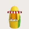 Tall giant corn‑cob shaped fiberglass food kiosk with red‑white striped awning, farm themed static snack booth Lexio Display for theme park and fair