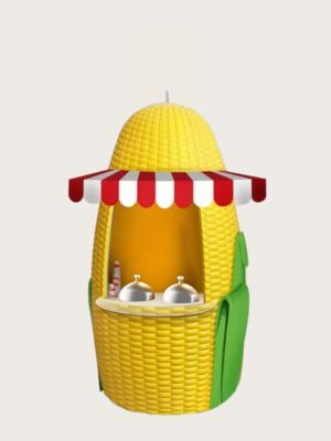 Tall giant corn‑cob shaped fiberglass food kiosk with red‑white striped awning, farm themed static snack booth Lexio Display for theme park and fair