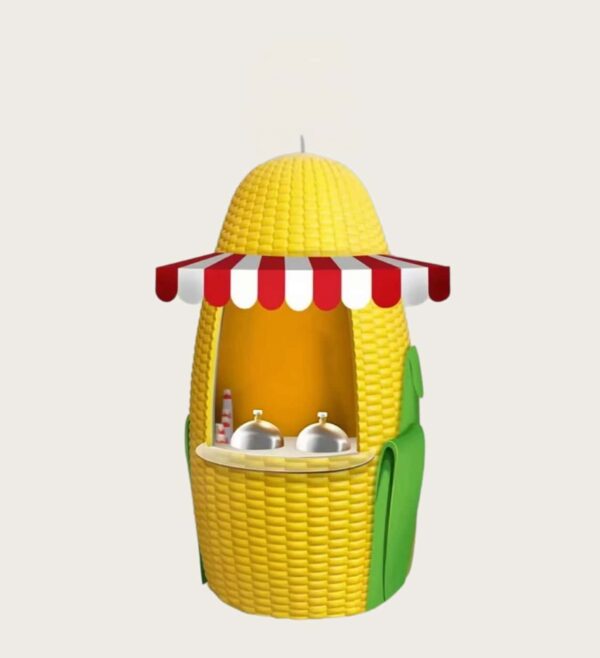 fiberglass display (4) Tall giant corn‑cob shaped fiberglass food kiosk with red‑white striped awning, farm themed static snack booth Lexio Display for theme park and fair