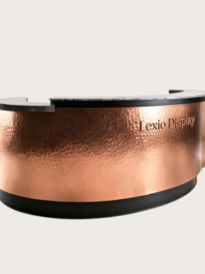 U‑shape semi‑circular reception desk with hand hammered copper cladding and natural granite stone top, curved luxury lobby front counter Lexio Display for premium hospitality interior fit‑out