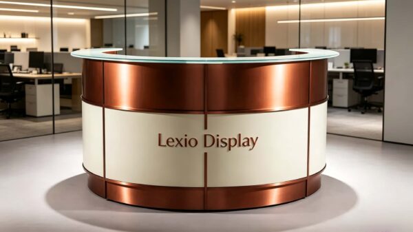 U‑curved circular office reception desk with brushed copper metal framing, cream lacquer panels and clear tempered glass top, modern corporate lobby front counter Lexio Display