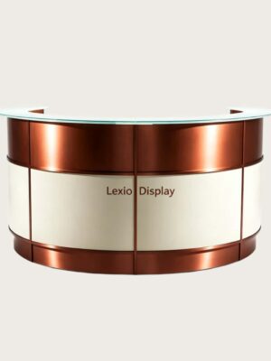 U‑curved circular office reception desk with brushed copper metal framing, cream lacquer panels and clear tempered glass top, modern corporate lobby front counter Lexio Display