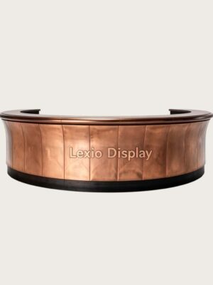 U‑shape curved reception desk with vertical panel aged patina copper cladding, vintage industrial‑style lobby front counter Lexio Display for loft and commercial space
