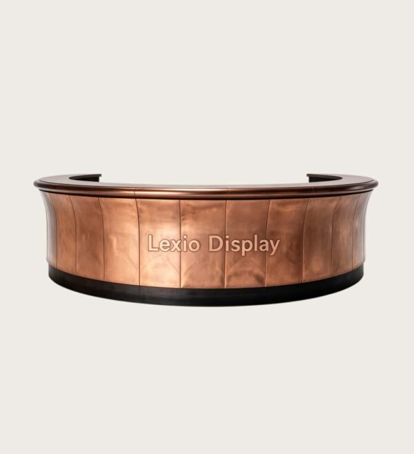 U‑shape curved reception desk with vertical panel aged patina copper cladding, vintage industrial‑style lobby front counter Lexio Display for loft and commercial space