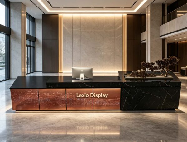 Tiered luxury reception desk with black marble top and etched patina copper art panel, LED illuminated corporate lobby front counter Lexio Display for premium commercial interior